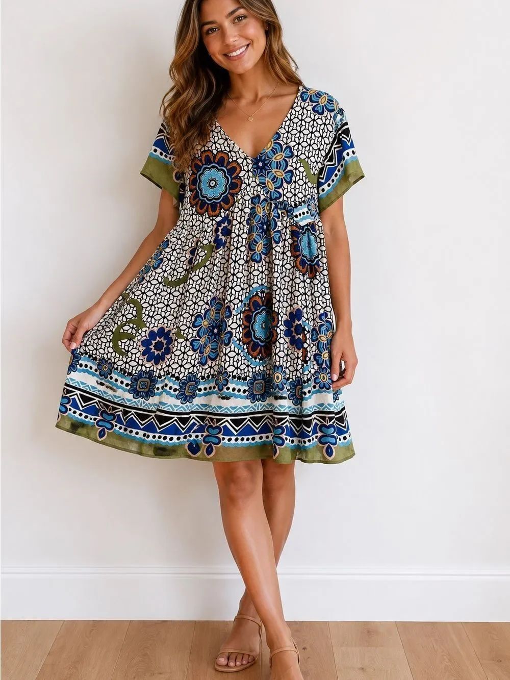 de GIGIO USA Boho Floral Swing Dress Blue Olive Medallion Small S